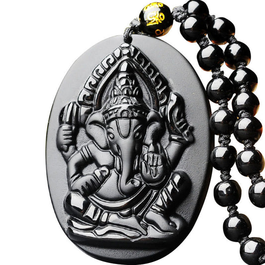 Spirituality Buddha Karma Tibetan Obsidian Ganesh Ganpati Elephant Wealth Amulet Necklace