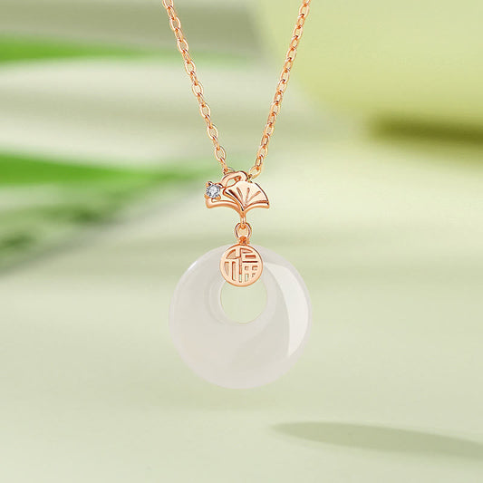 Jade 925 Sterling Silver Ginkgo Leaf Butterfly Rose Chalcedony Hetian Jade Peace Buckle Fu Character Harmony Necklace Pendant