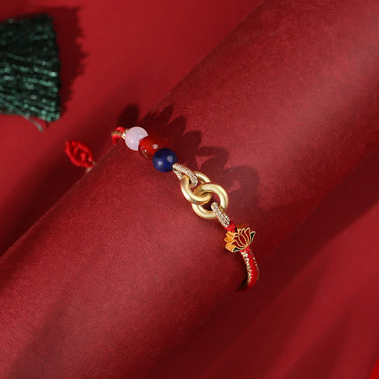 Ancient Tibetan Buddhist Red String Tradition 925 Sterling Silver Double Peace Buckle Lotus Auspicious Bracelet