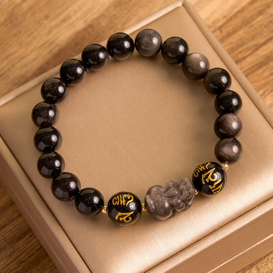Spirituality Buddha Karma Natural Silver Sheen Obsidian Black Obsidian Om Mani Padme Hum Pixiu Protection Bracelet