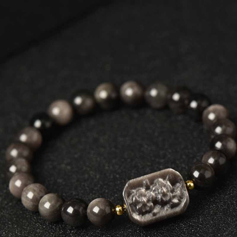 Spirituality Buddha Karma Silver Sheen Obsidian Lotus Flower Nine Tailed Fox Laughing Buddha Protection Bracelet