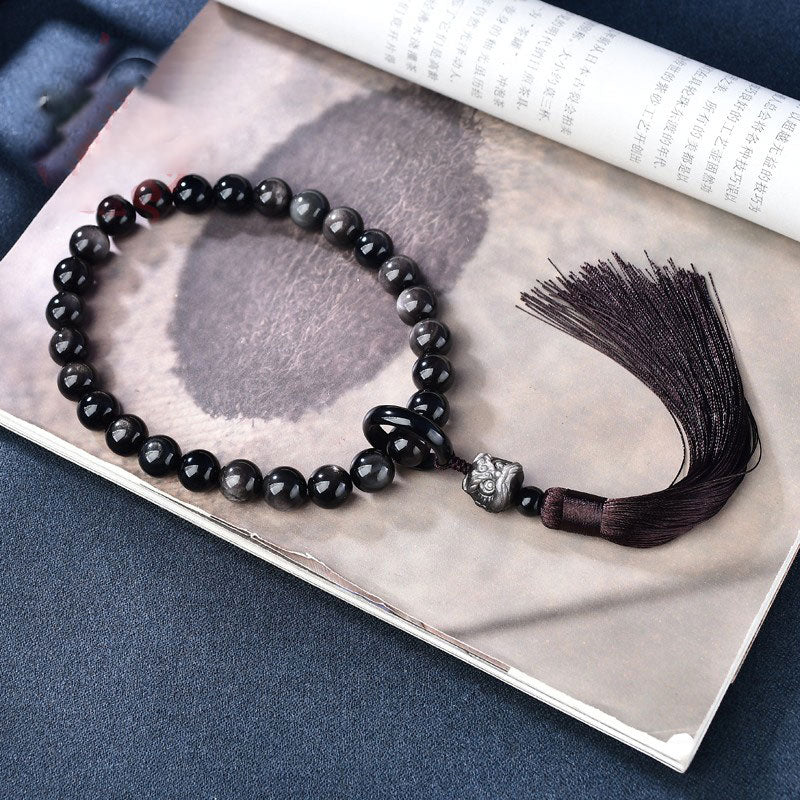Spirituality Buddha Karma Natural Silver Sheen Obsidian Lion Wrist Mala Protection Tassels Pocket Mala Car Decoration