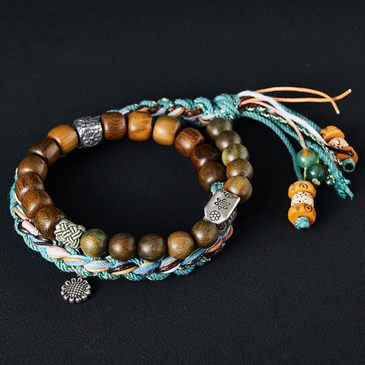 Ancient Tibetan Buddhist Red String Tradition 925 Sterling Silver Green Sandalwood Bodhi Seed Handmade Positive Bracelet