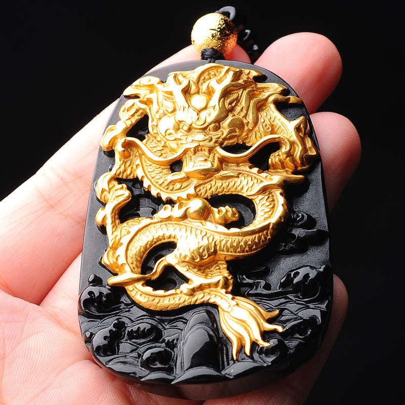 Spirituality Buddha Karma 18k Gold-plated Dragon Obsidian Lucky Pendant Necklace