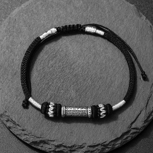 Ancient Tibetan Buddhist Red String Tradition 925 Sterling Silver Om Mani Padme Hum Wisdom Braided Rope Bracelet