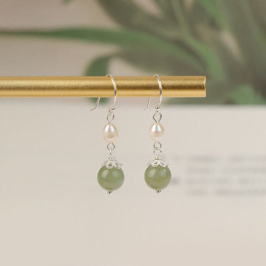 Jade  925 Sterling Silver Natural Pearl Jade Wisdom Earrings