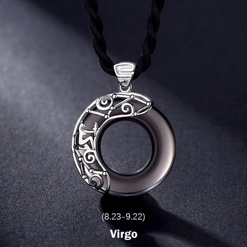 Spirituality Buddha Karma 12 Constellations of the Zodiac Ice Obsidian Blessing Round Pendant Necklace