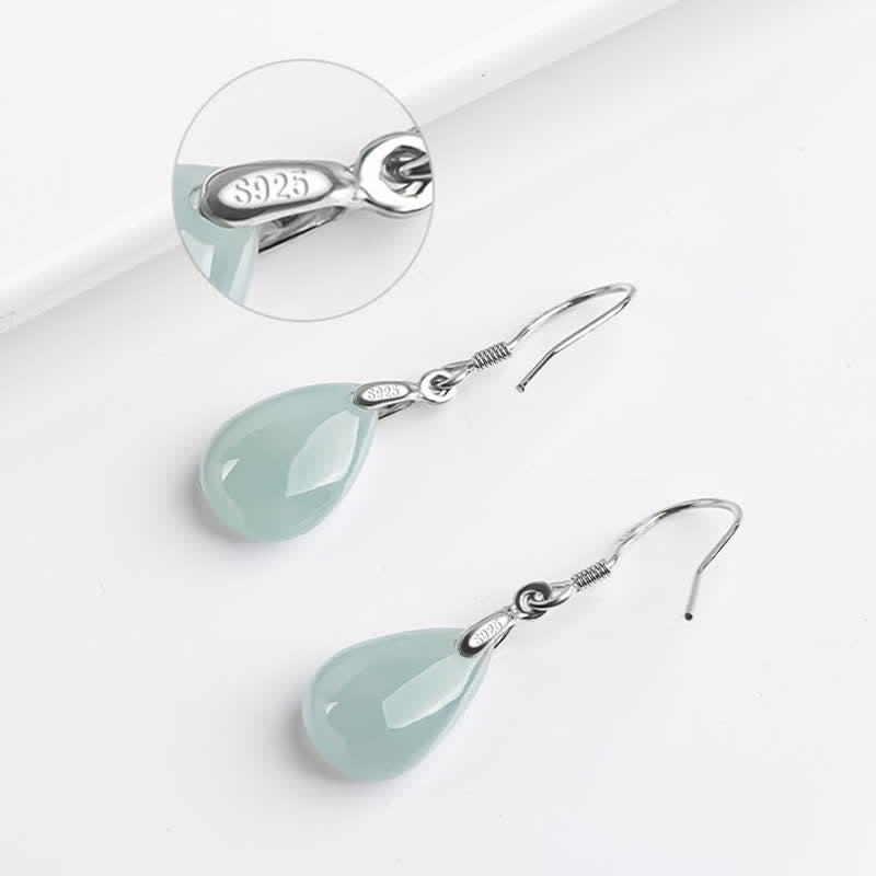 Jade 925 Sterling Silver Jade Water Drop Pattern Luck Prosperity Dangle Earrings