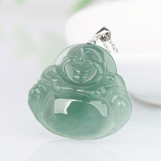 Jade 925 Sterling Silver Laughing Buddha Jade Protection Calm Necklace Chain Pendant