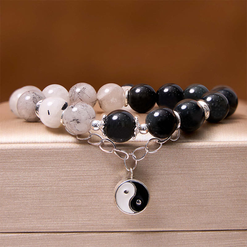 Spirituality Buddha Karma Silver Sheen Obsidian Crackle Clear Quartz Black Rutilated Quartz Yin Yang Lotus Protection Bracelet