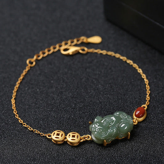 Jade Cyan Jade PiXiu Copper Coin Red Agate Success Chain Bracelet