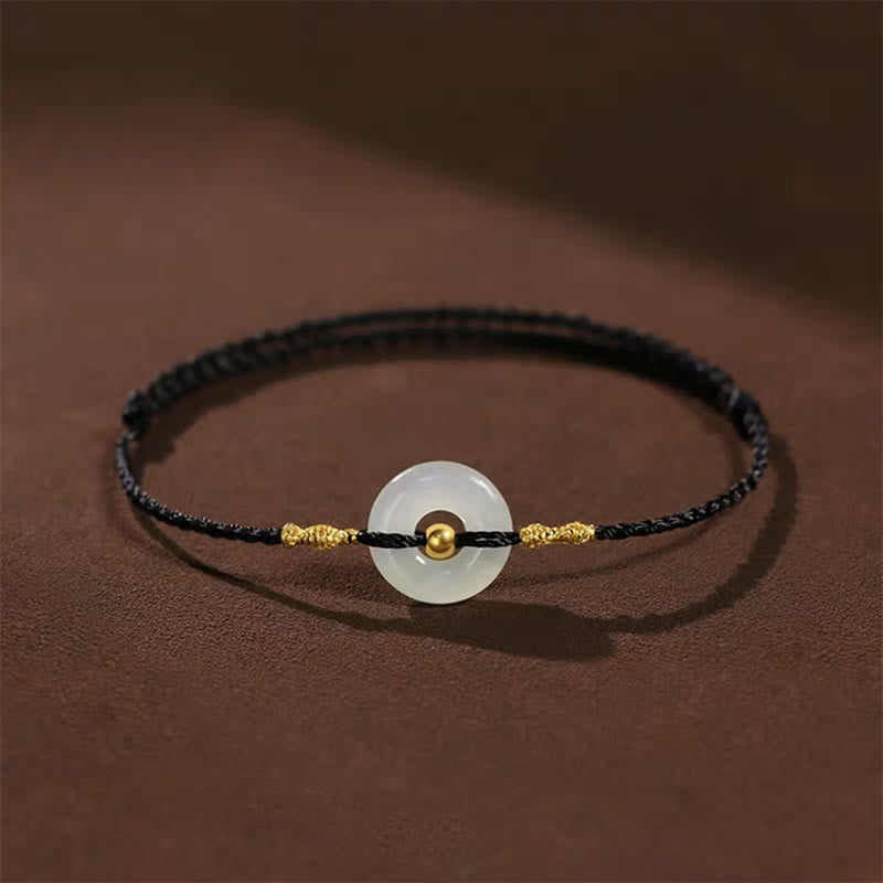 Jade 999 Gold Bead Round Peace Buckle Hetian Jade Luck Abundance Braided Bracelet Anklet