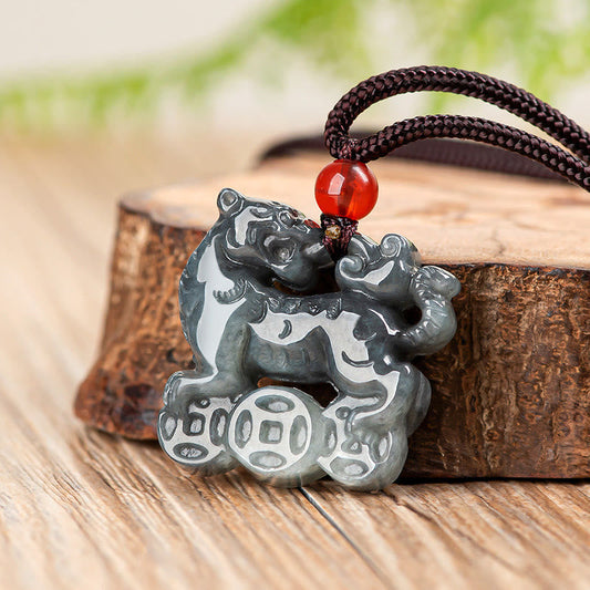 Jade Natural Jade Tiger Copper Coin Pattern Luck Necklace Pendant