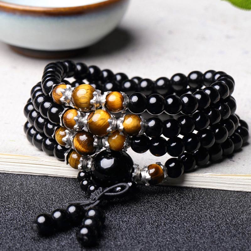 Spirituality Buddha Karma 108 Beads Natural Black Obsidian Tiger Eye Mala Bracelet