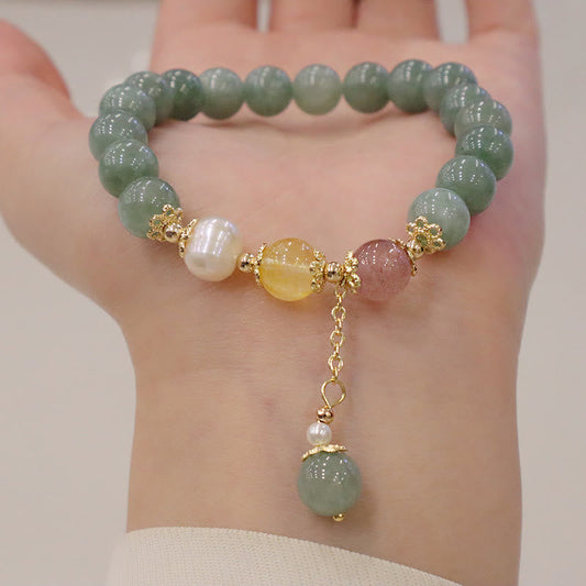 Jade  Jade Pearl Strawberry Quartz Abundance Luck Bead Charm Bracelet