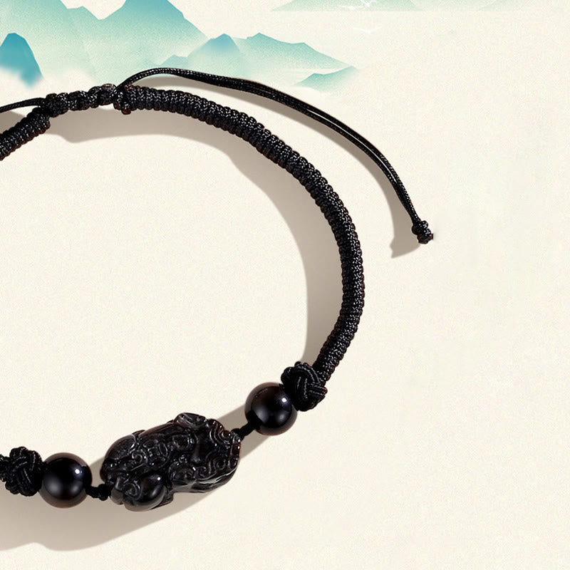 Spirituality Buddha Karma Handmade Natural Silver Sheen Obsidian Strawberry Quartz PiXiu Protection Braided Bracelet
