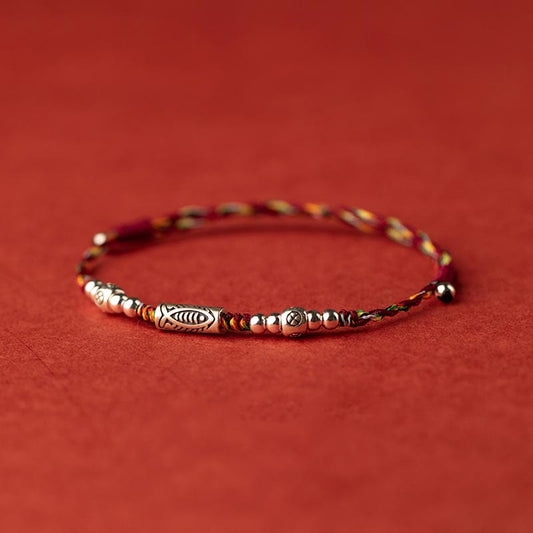 Ancient Tibetan Buddhist Red String Tradition 925 Sterling Silver Luck Koi Fish Braided Colorful String Bracelet Anklet