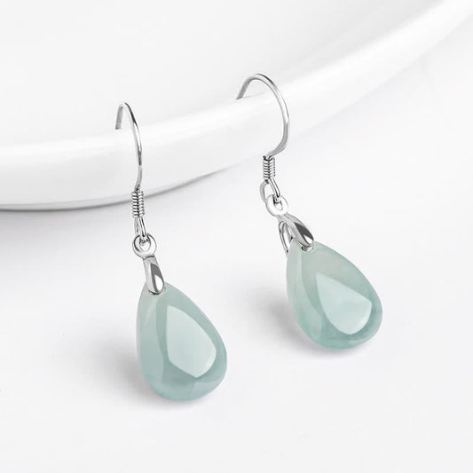 Jade 925 Sterling Silver Jade Water Drop Pattern Luck Prosperity Dangle Earrings