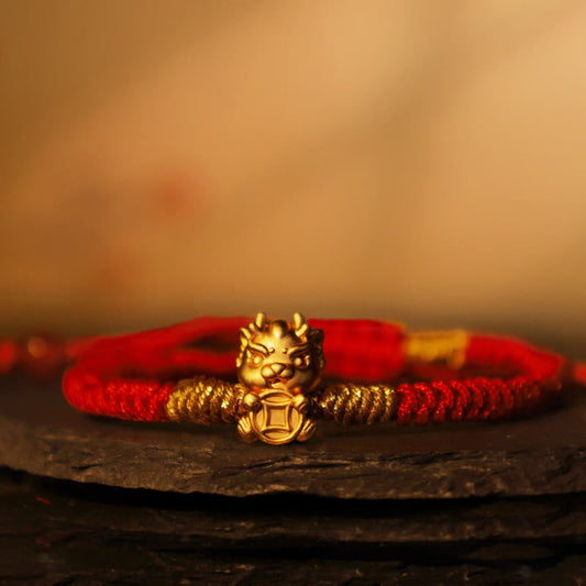 Ancient Tibetan Buddhist Red String Tradition 999 Sterling Silver Year of the Dragon Copper Coin Fortune Dragon Fu Character Luck Handcrafted Red String Braided Bracelet