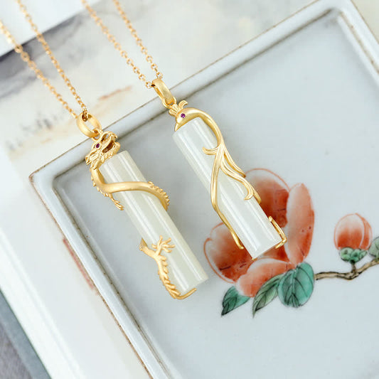Jade Jade Dragon Phoenix Copper Protection Necklace Pendant