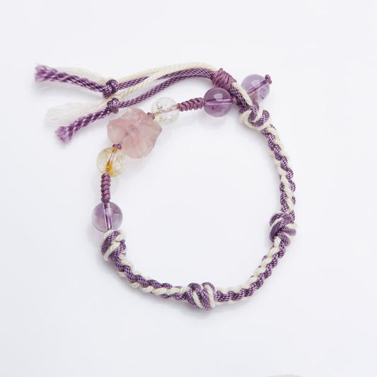 Ancient Tibetan Buddhist Red String Tradition Natural Fluorite Amethyst Silver Sheen Obsidian Tiger's Eye Protection Rope Bracelet
