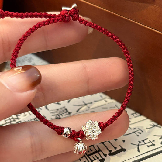 Ancient Tibetan Buddhist Red String Tradition Handmade Lotus Flower Luck Braid Red Rope Bracelet