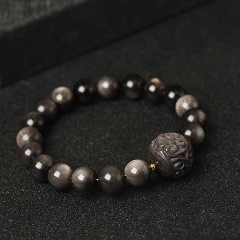 Spirituality Buddha Karma Silver Sheen Obsidian Lotus Flower Nine Tailed Fox Laughing Buddha Protection Bracelet