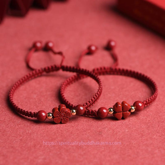 Ancient Tibetan Buddhist Red String Tradition Four Leaf Clover Five-petal Flower Cinnabar Blessing Red String Bracelet