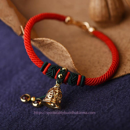 Ancient Tibetan Buddhist Red String Tradition 14K Gold Plated Copper Coin Bell Garnet Handcrafted Red Rope Bracelet