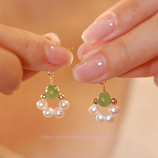 Jade  Cyan Jade Pearl Bead Luck Drop Earrings
