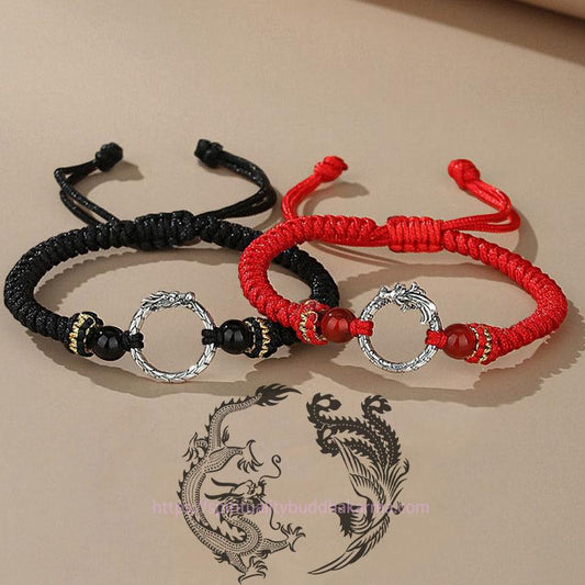 Ancient Tibetan Buddhist Red String Tradition Handmade 925 Sterling Silver Year of the Dragon Phoenix Peace Buckle Luck Couple Bracelet
