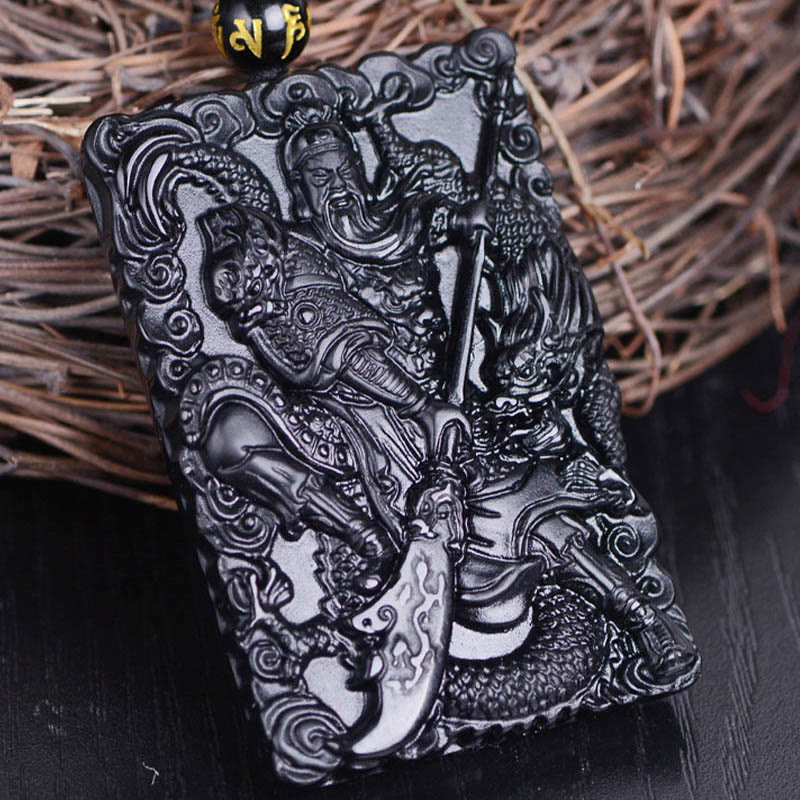 Spirituality Buddha Karma Black Obsidian Guan Gong Amulet Engraved Strength Necklace Pendant