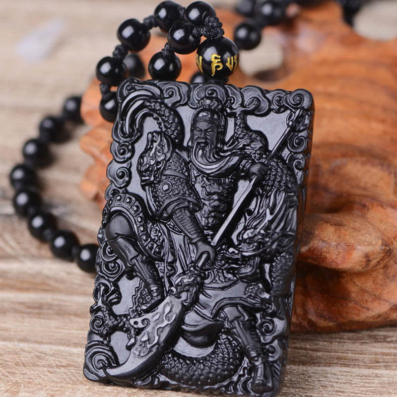 Spirituality Buddha Karma Black Obsidian Guan Gong Amulet Engraved Strength Necklace Pendant