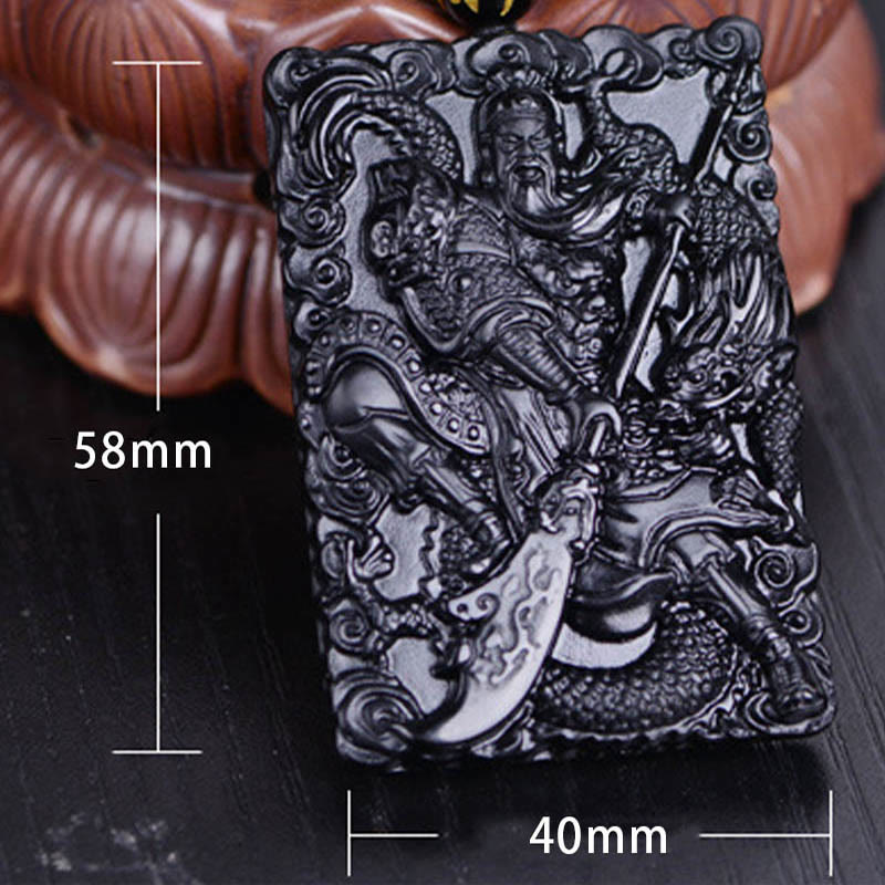 Spirituality Buddha Karma Black Obsidian Guan Gong Amulet Engraved Strength Necklace Pendant