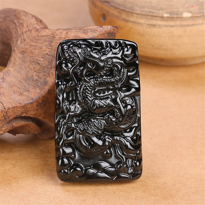Spirituality Buddha Karma Natural Black Obsidian Rectangular Dragon Engraved Success Necklace Pendant