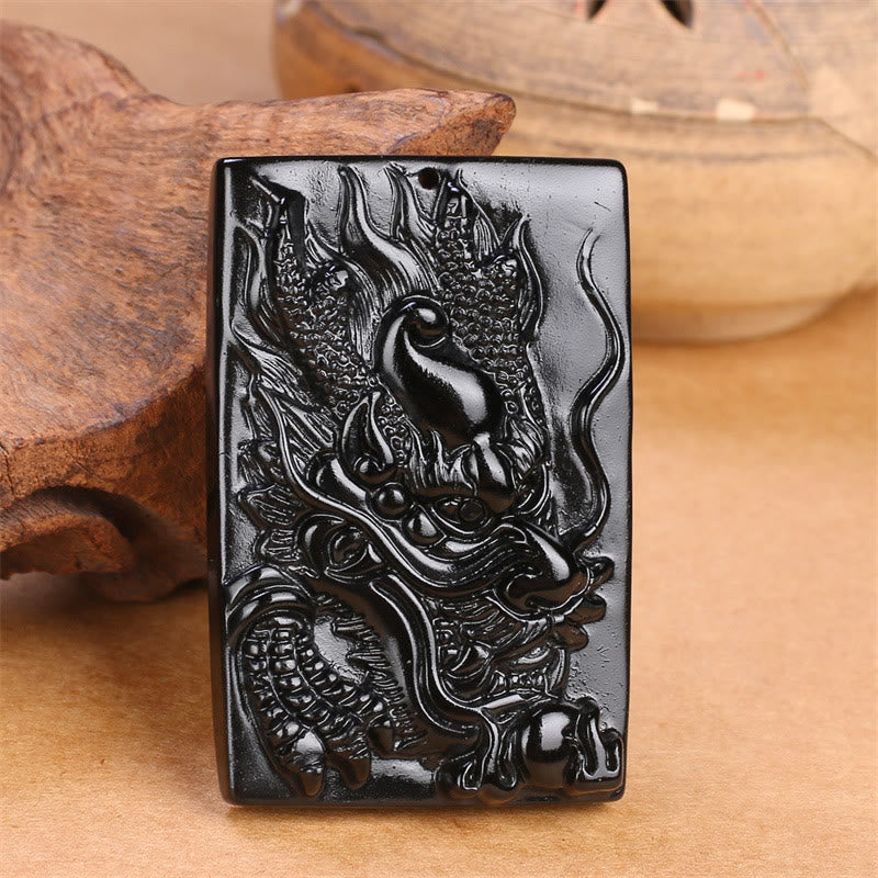 Spirituality Buddha Karma Natural Black Obsidian Rectangular Dragon Engraved Success Necklace Pendant