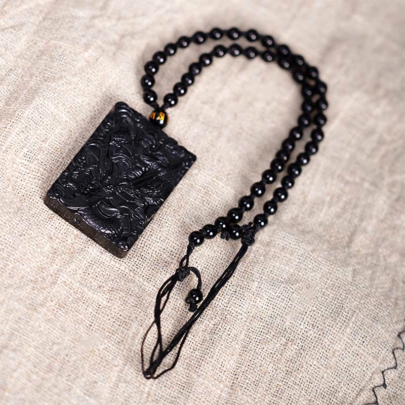 Spirituality Buddha Karma Black Obsidian Guan Gong Amulet Engraved Strength Necklace Pendant