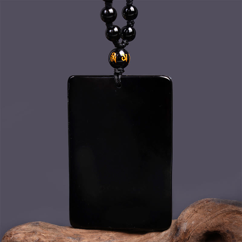 Spirituality Buddha Karma Black Obsidian Guan Gong Amulet Engraved Strength Necklace Pendant
