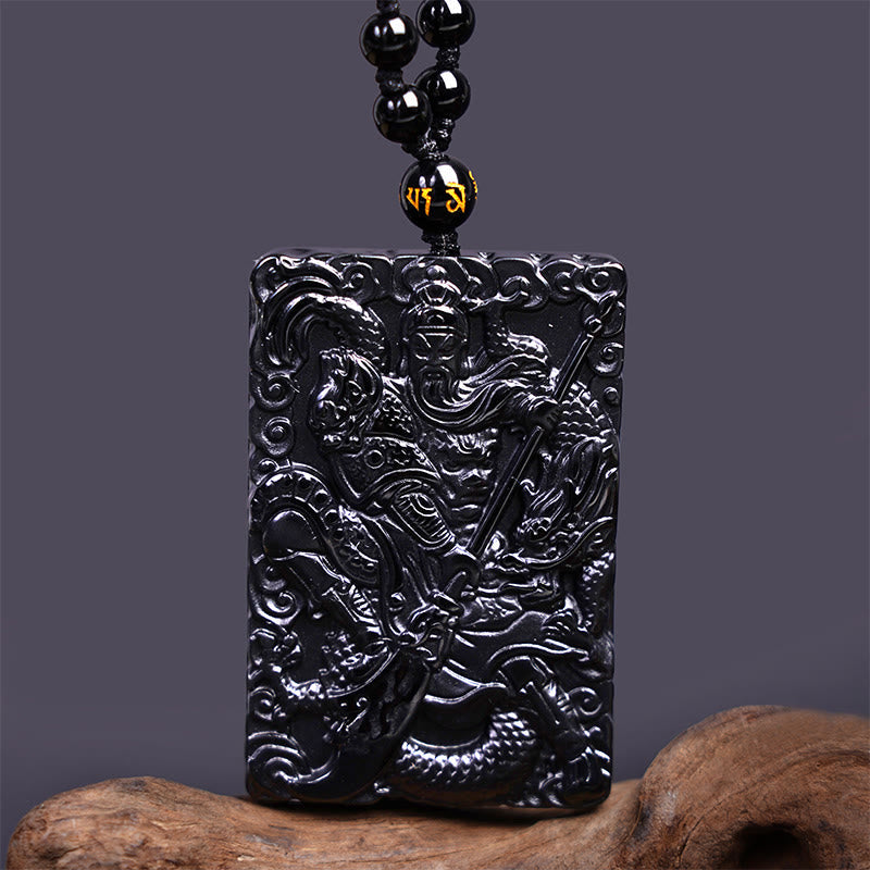 Spirituality Buddha Karma Black Obsidian Guan Gong Amulet Engraved Strength Necklace Pendant