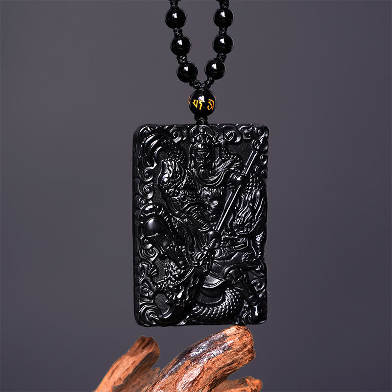 Spirituality Buddha Karma Black Obsidian Guan Gong Amulet Engraved Strength Necklace Pendant
