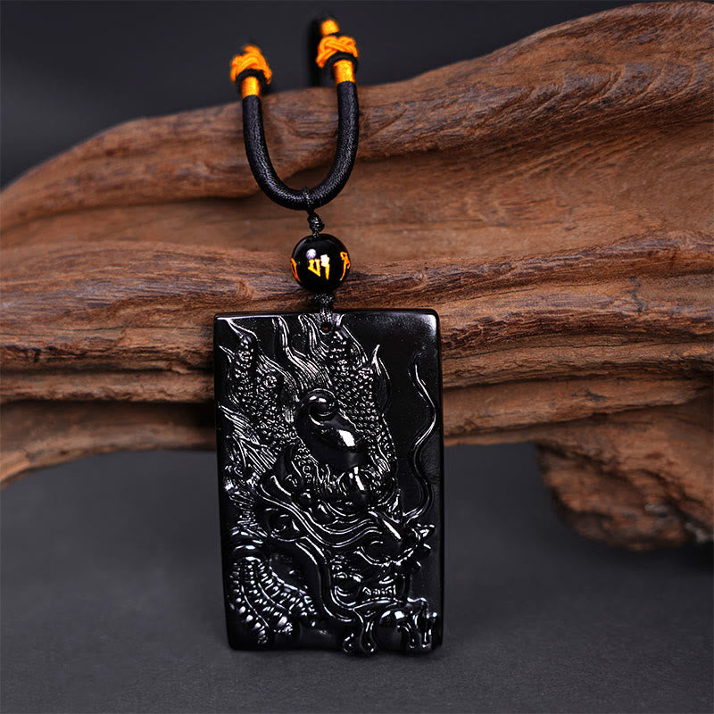 Spirituality Buddha Karma Natural Black Obsidian Rectangular Dragon Engraved Success Necklace Pendant
