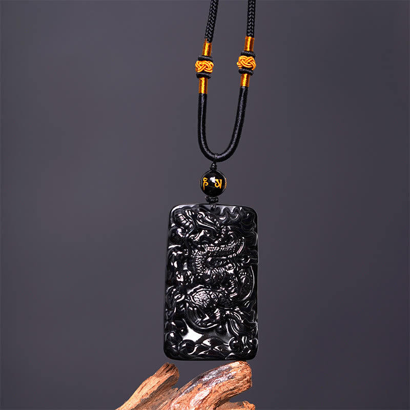 Spirituality Buddha Karma Natural Black Obsidian Rectangular Dragon Engraved Success Necklace Pendant