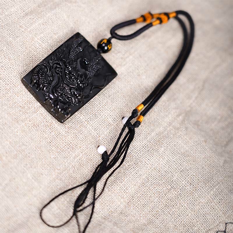 Spirituality Buddha Karma Natural Black Obsidian Rectangular Dragon Engraved Success Necklace Pendant