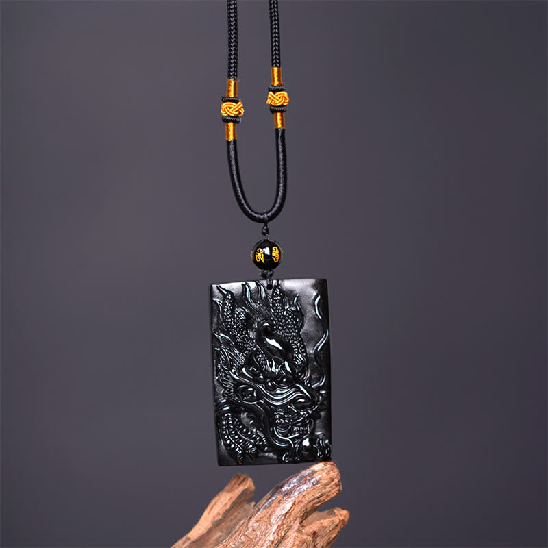 Spirituality Buddha Karma Natural Black Obsidian Rectangular Dragon Engraved Success Necklace Pendant