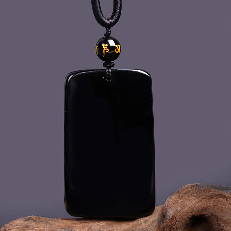 Spirituality Buddha Karma Natural Black Obsidian Rectangular Dragon Engraved Success Necklace Pendant