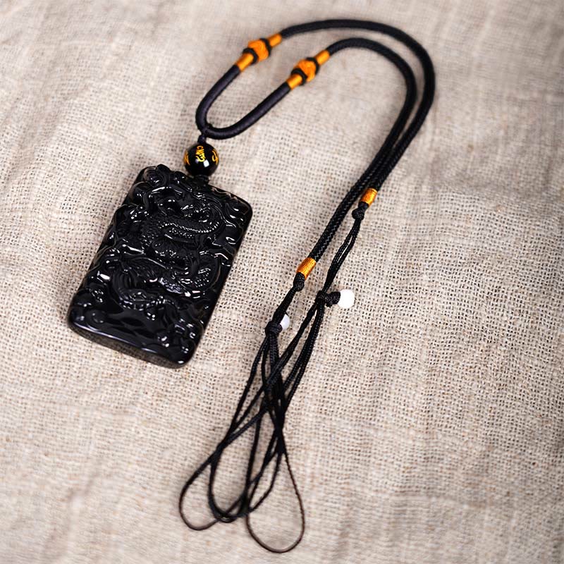 Spirituality Buddha Karma Natural Black Obsidian Rectangular Dragon Engraved Success Necklace Pendant