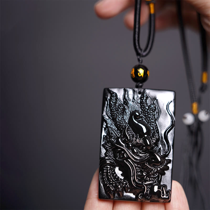 Spirituality Buddha Karma Natural Black Obsidian Rectangular Dragon Engraved Success Necklace Pendant
