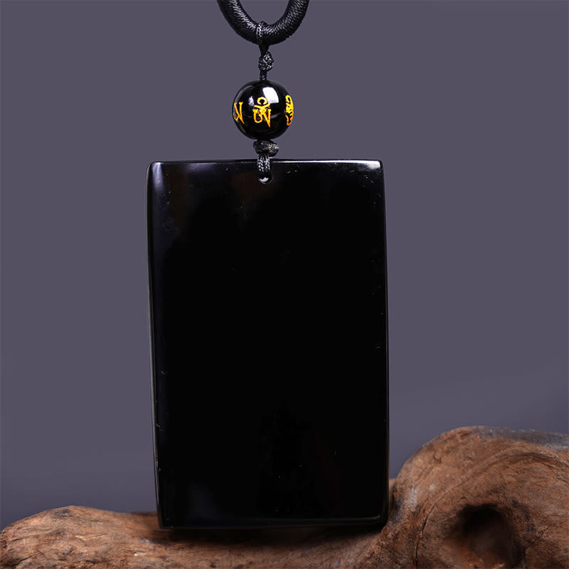 Spirituality Buddha Karma Natural Black Obsidian Rectangular Dragon Engraved Success Necklace Pendant