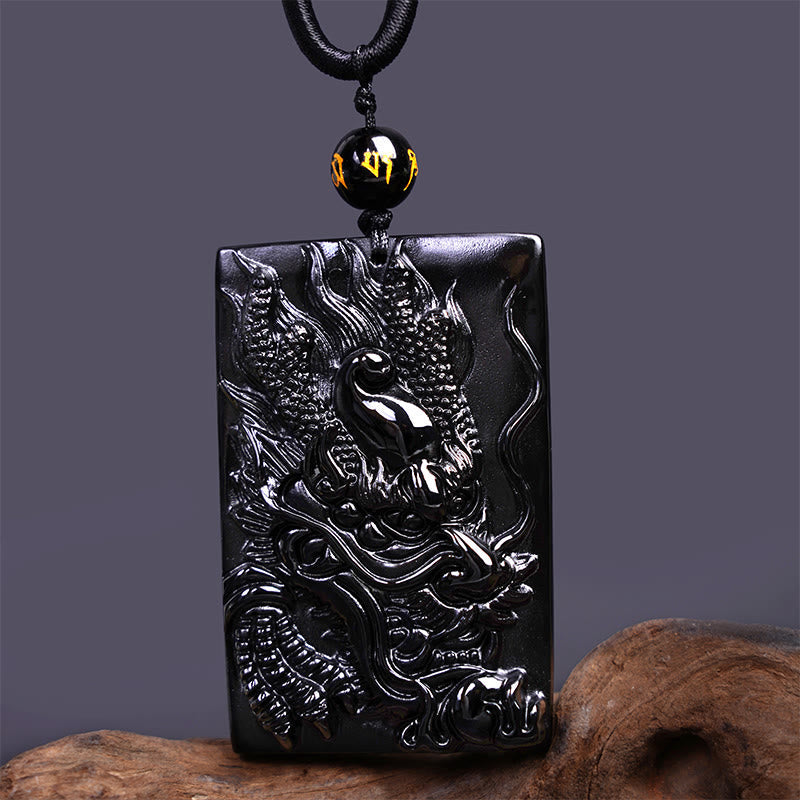 Spirituality Buddha Karma Natural Black Obsidian Rectangular Dragon Engraved Success Necklace Pendant