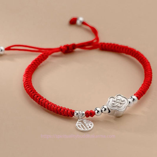 Tibetan Knot Protection Handmade 925 Sterling Silver Fu Character Auspicious Clouds Blessing Braided Rope Bracelet
